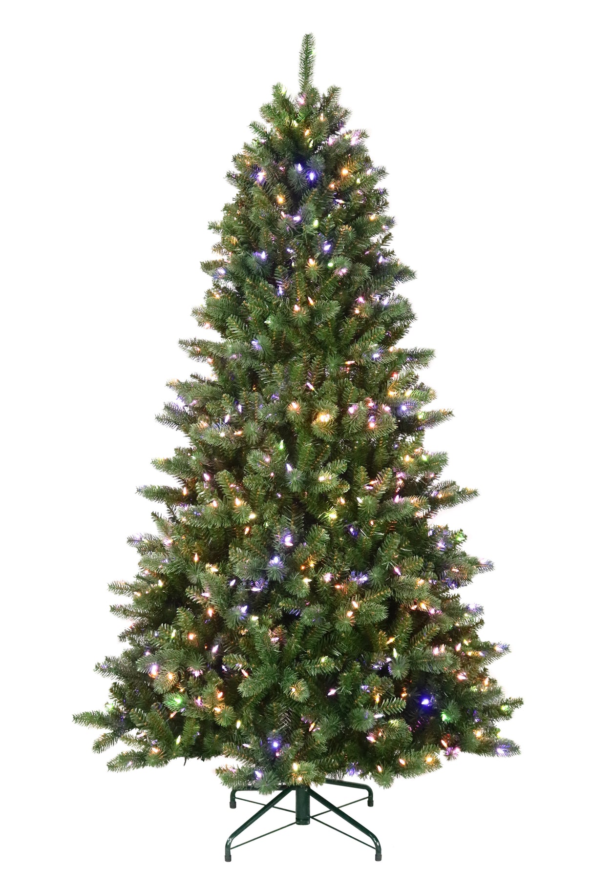 This is an artificial tree with Multi-Colored Starry Lights on. This tree is up against a white background.