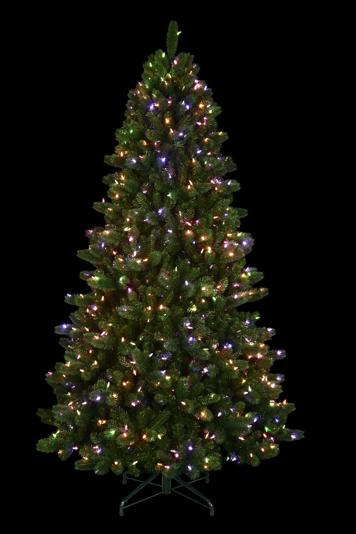 This is an artificial tree with Multi-Colored Starry Lights on. This tree is up against a black background.