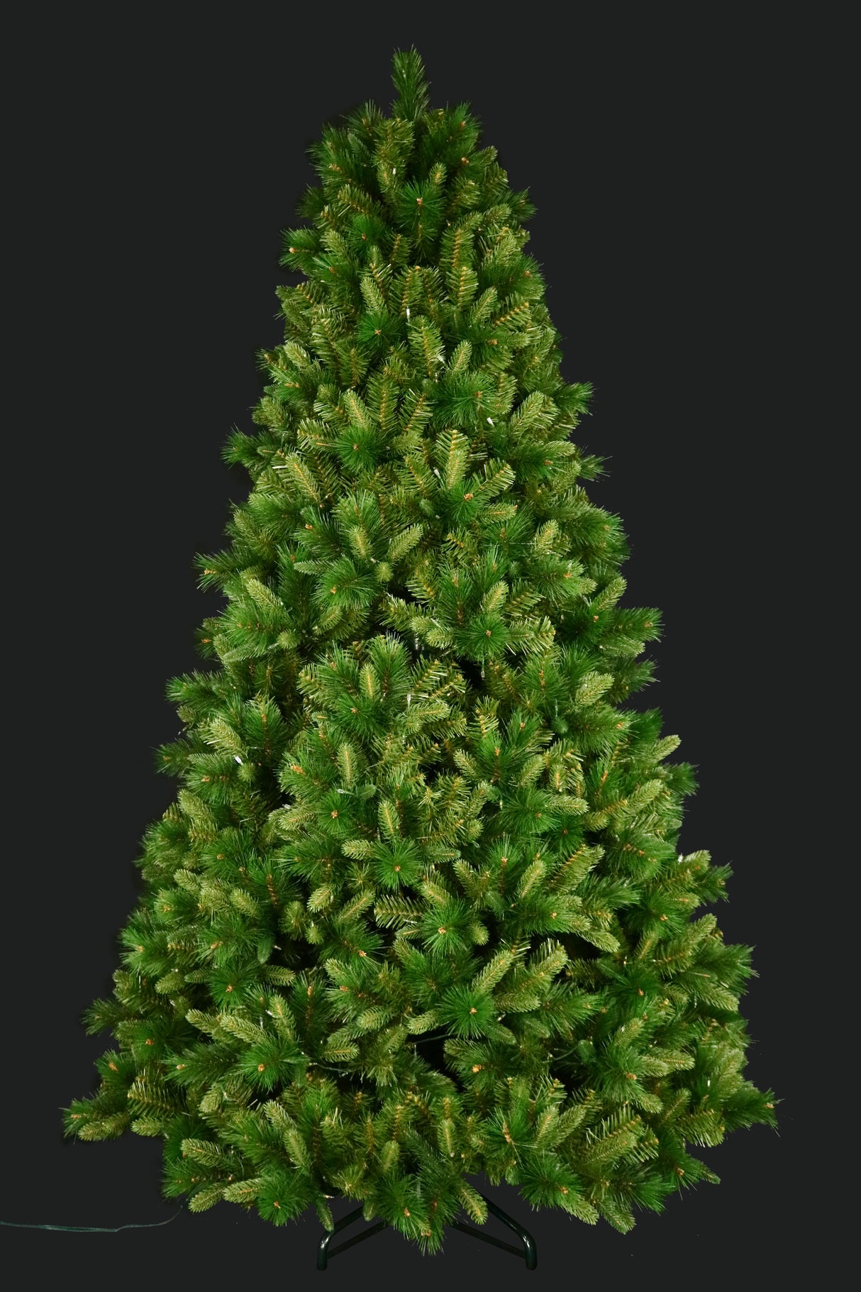 Artificial pine tree pre-lit with color-changing LED lights. In this image, the lights aren't on.