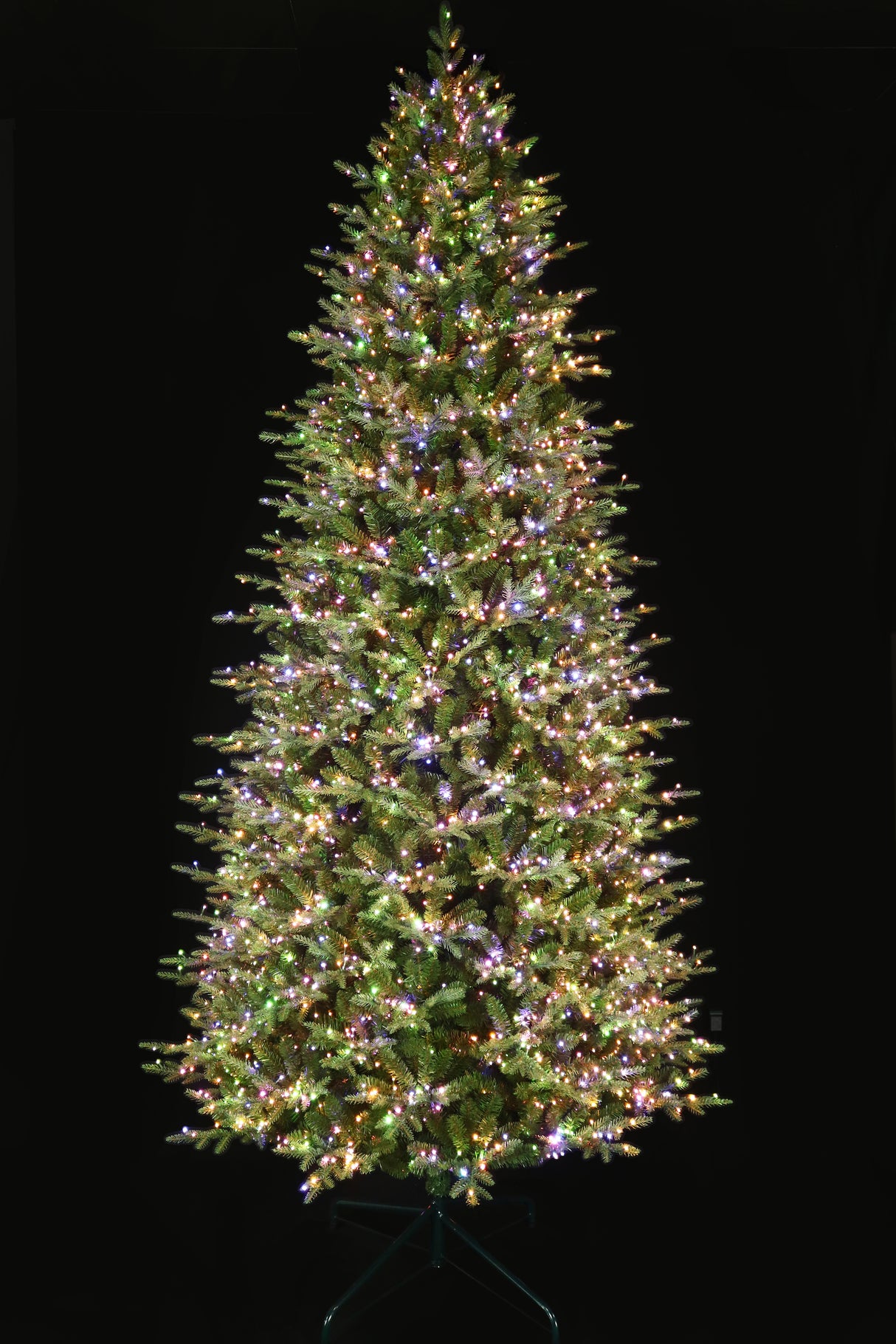 This 11 ft. artificial Christmas tree is pre-lit with Multi-Colored Starry Lights. This tree is up against a black background.