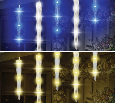 Set of 20 twinkling LED icicle lights. One set is pure white and blue. One set is warm white.