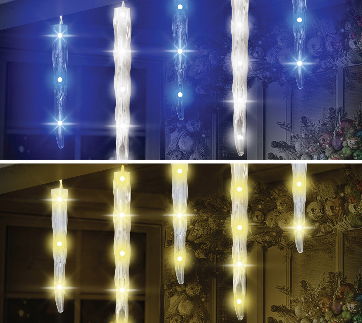 Set of 20 twinkling LED icicle lights. One set is pure white and blue. One set is warm white.