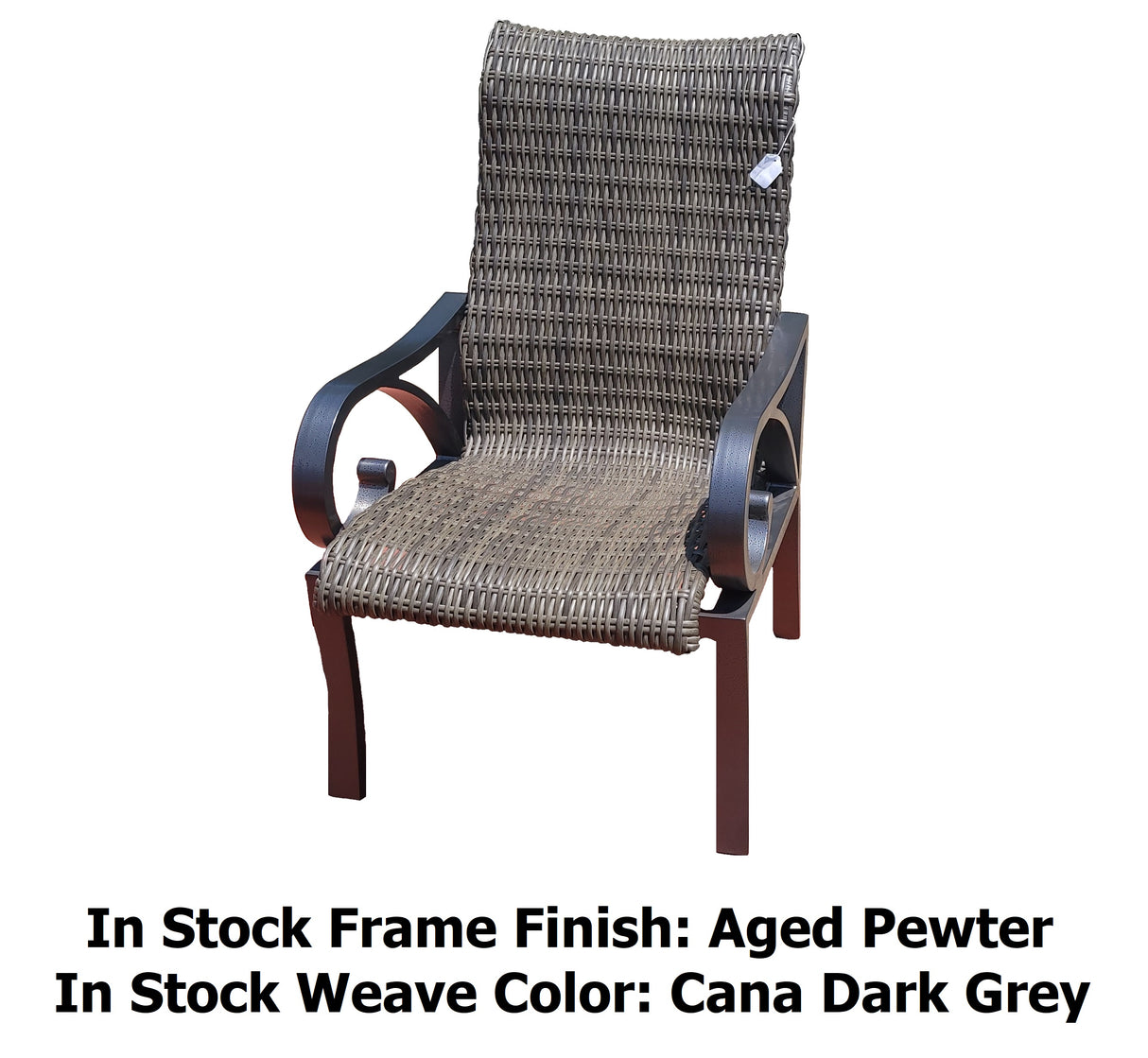 This image shows the brown wicker armchair. It reads "In Stock Frame Finish: Aged Pewter. In Stock Weave Color: Cana Dark Grey."