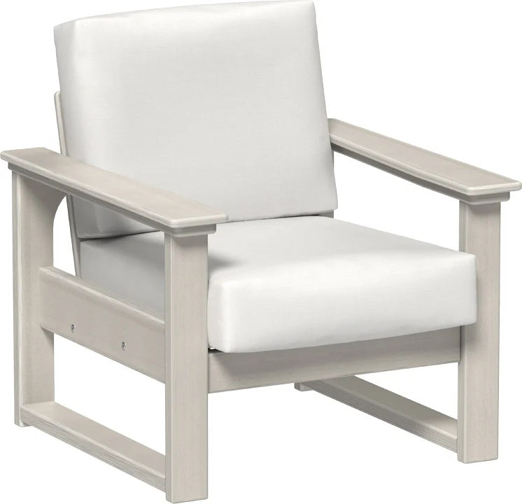 This image shows the deep seating chair on a white background. The frames are birch and the cushion is canvas.