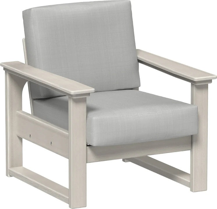 This image shows the deep seating chair on a white background. The frames are birch and the cushion is spectrum dove.