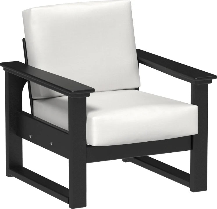 This image shows the deep seating chair on a white background. The frames are black and the cushion is canvas.