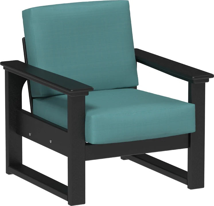 This image shows the deep seating chair on a white background. The frames are black and the cushion is cast breeze.