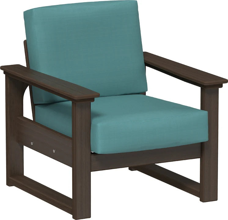 This image shows the deep seating chair on a white background. The frames are Brazilian walnut and the cushion is cast breeze.