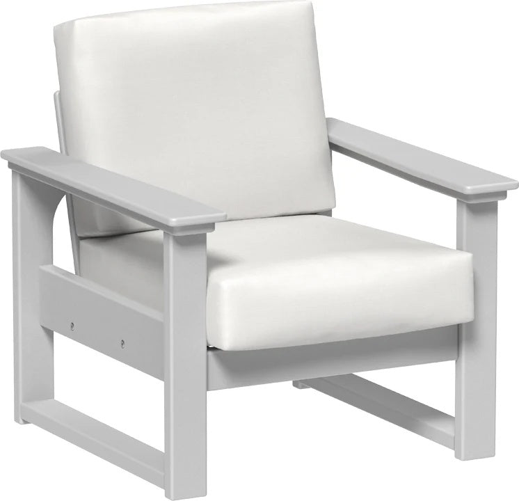 This image shows the deep seating chair on a white background. The frames are dove gray and the cushion is canvas.
