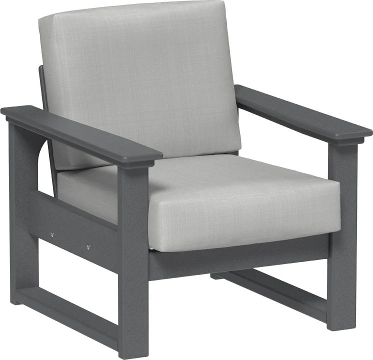 This image shows the deep seating chair on a white background. The frames are slate and the cushion is spectrum dove.