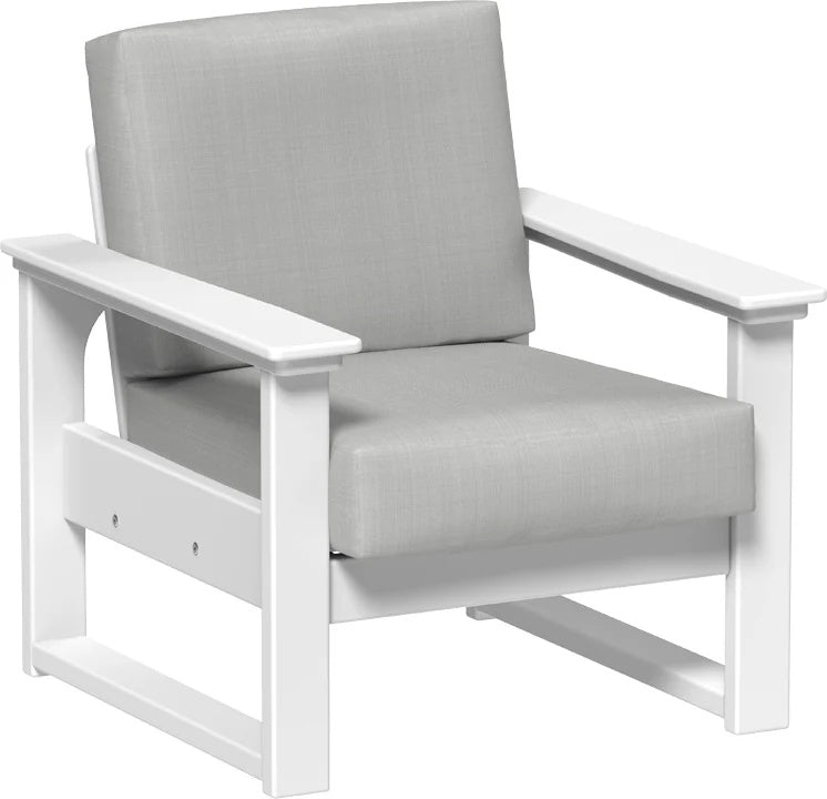 This image shows the deep seating chair on a white background. The frames are white and the cushion is spectrum dove.