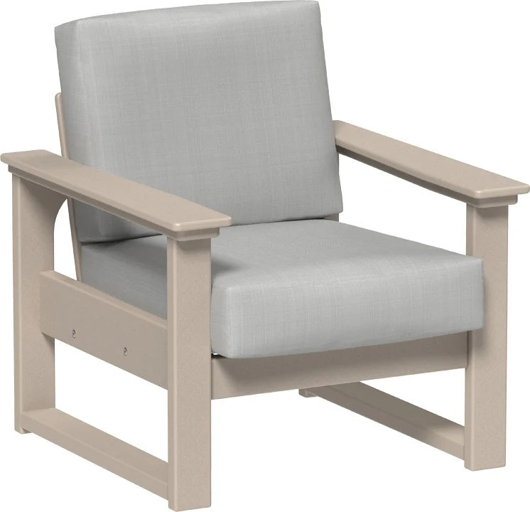 This image shows the deep seating chair on a white background. The frames are weatherwood and the cushion is spectrum dove.
