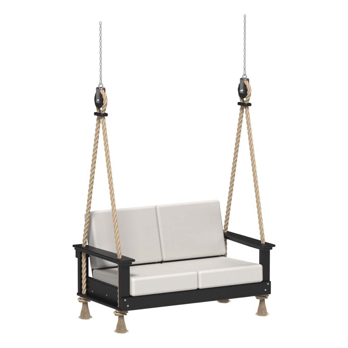 This image shows the Loveseat Swing on a white background. The frames are Black and the cushions are Canvas colored.
