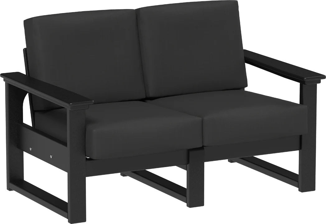 This image shows the deep seating loveseat on a white background. The frames are black and the cushions are spectrum carbon.