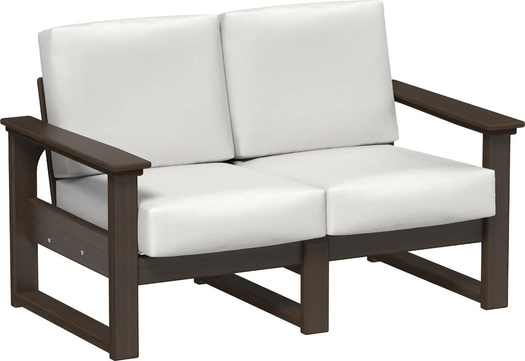 This image shows the deep seating loveseat on a white background. The frames are Brazilian walnut and the cushions are canvas.