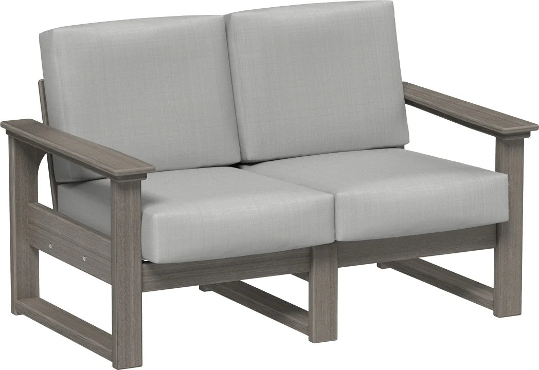 This image shows the deep seating loveseat on a white background. The frames are coastal gray and the cushions are spectrum dove.