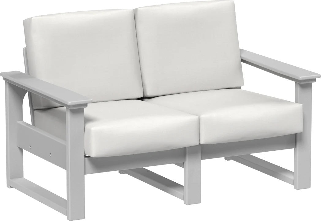 This image shows the deep seating loveseat on a white background. The frames are dove gray and the cushions are canvas.