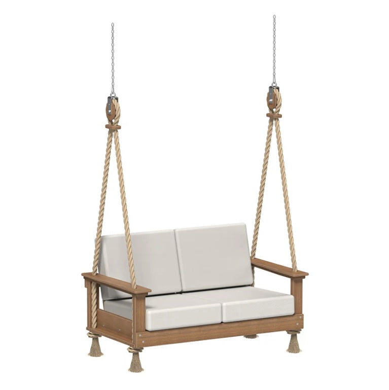 This is an image showing the Loveseat Swing on a white background. The frames are Antique Mahogany colored and the cushions are Canvas colored.