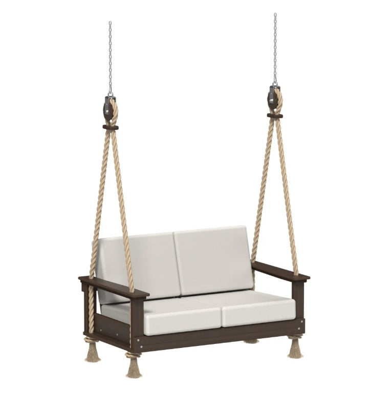 This is an image showing the Loveseat Swing on a white background. The frames are Brazilian Walnut colored and the cushions are Canvas colored.