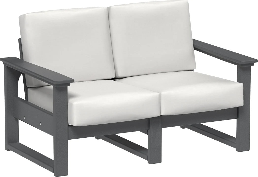 This image shows the deep seating loveseat on a white background. The frames are slate and the cushions are canvas.