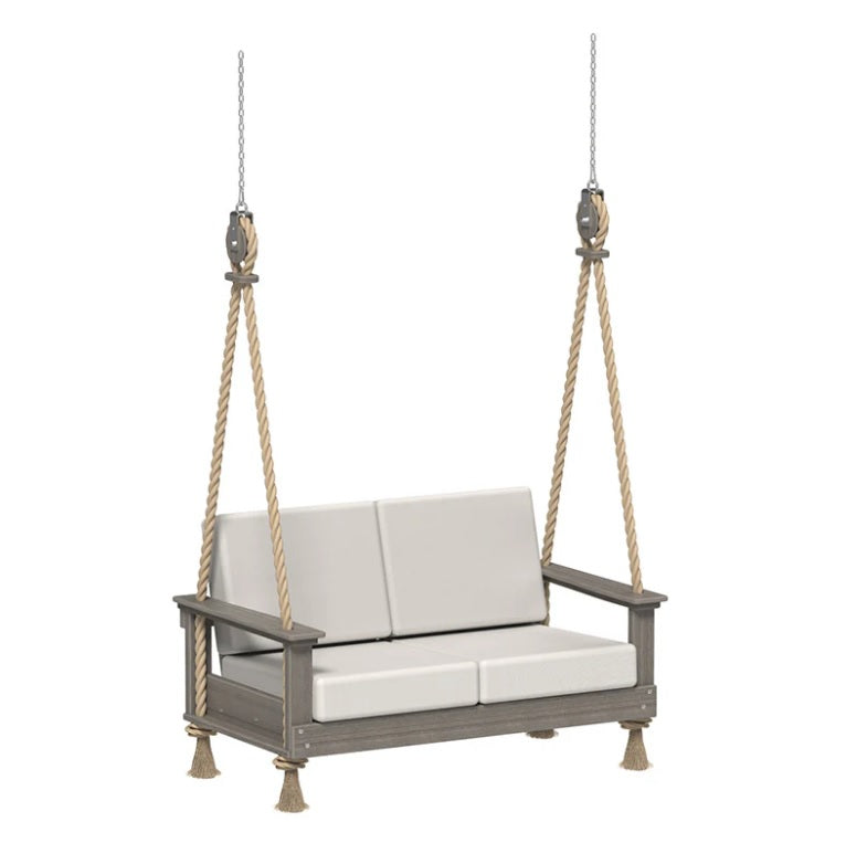 This is an image showing the Loveseat Swing on a white background. The frames are Coastal Gray and the cushions are Canvas colored.