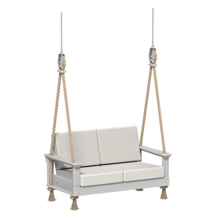 This is an image showing the Loveseat Swing on a white background. The frames are Dove Gray and the cushions are Canvas colored.