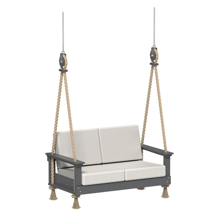 This is an image showing the Loveseat Swing on a white background. The frames are Slate colored and the cushions are Canvas colored.