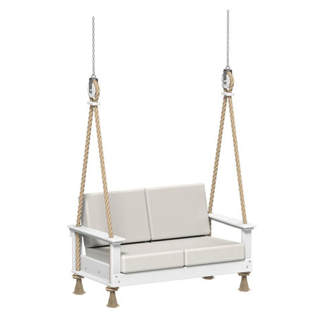 This is an image showing the Loveseat Swing on a white background. The frames are White and the cushions are Canvas colored.