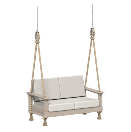 This is an image showing the Loveseat Swing on a white background. The frames are Weatherwood colored and the cushions are Canvas colored.