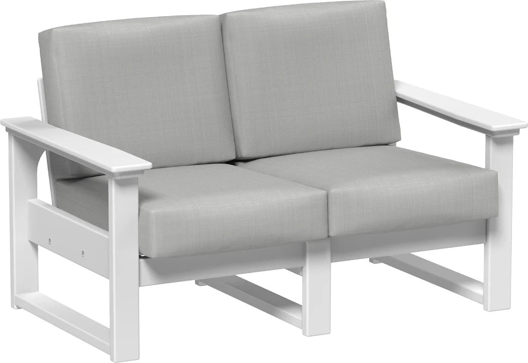 This image shows the deep seating loveseat on a white background. The frames are white and the cushions are spectrum dove.