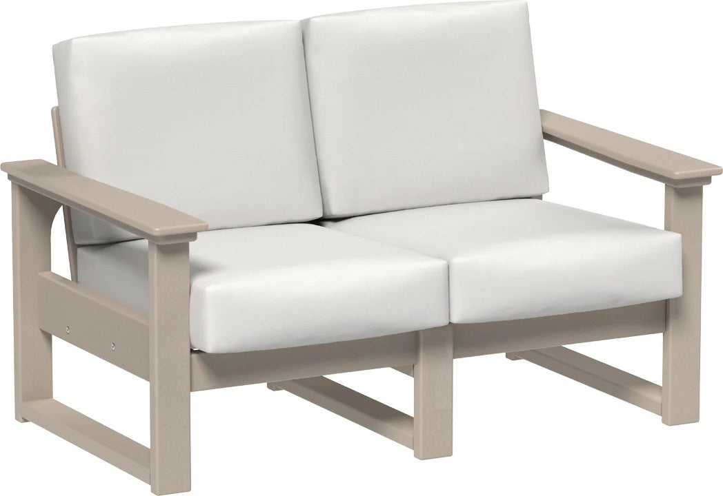 This image shows the deep seating loveseat on a white background. The frames are weatherwood and the cushions are canvas.