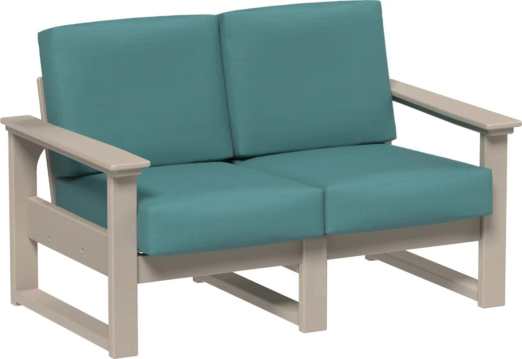 This image shows the deep seating loveseat on a white background. The frames are weatherwood and the cushions are cast breeze.