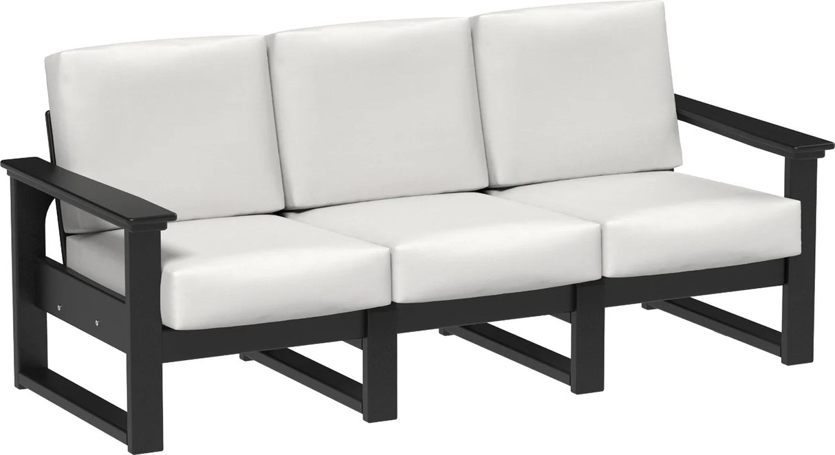 This image shows the deep seating sofa on a white background. The frames are black and the cushions are canvas.
