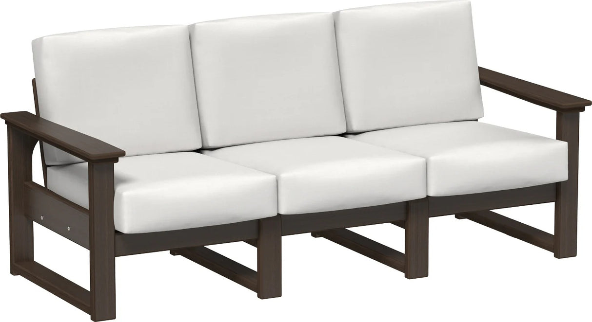 This image shows the deep seating sofa on a white background. The frames are Brazilian walnut and the cushions are canvas.