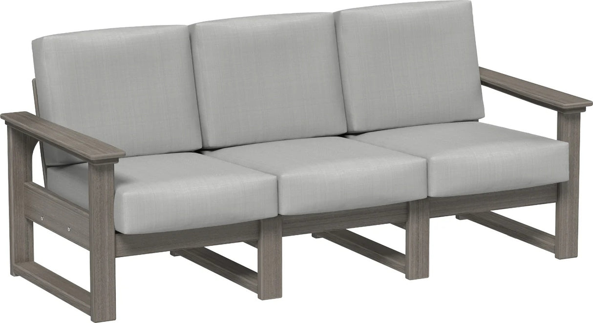 This image shows the deep seating sofa on a white background. The frames are coastal gray and the cushions are spectrum dove.