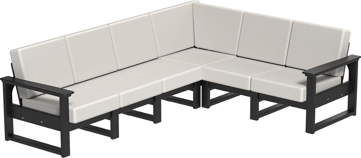 This image shows the deep seating sectional on a white background. The frames are black and the cushions are canvas.