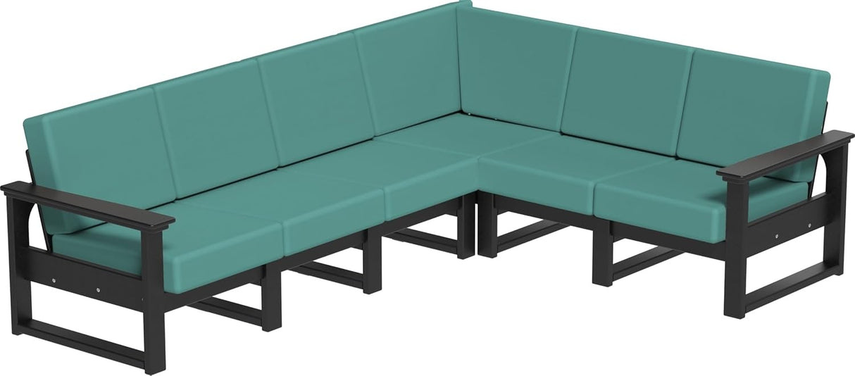 This image shows the deep seating sectional on a white background. The frames are black and the cushions are cast breeze.
