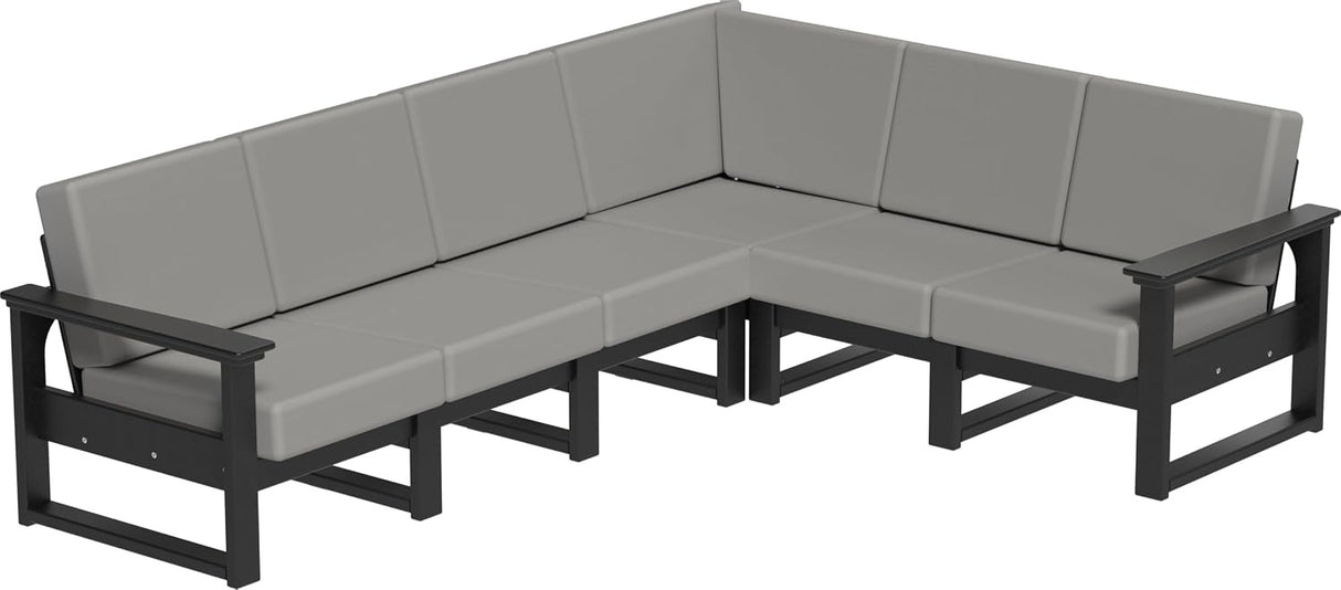 This image shows the deep seating sectional on a white background. The frames are black and the cushions are spectrum dove.