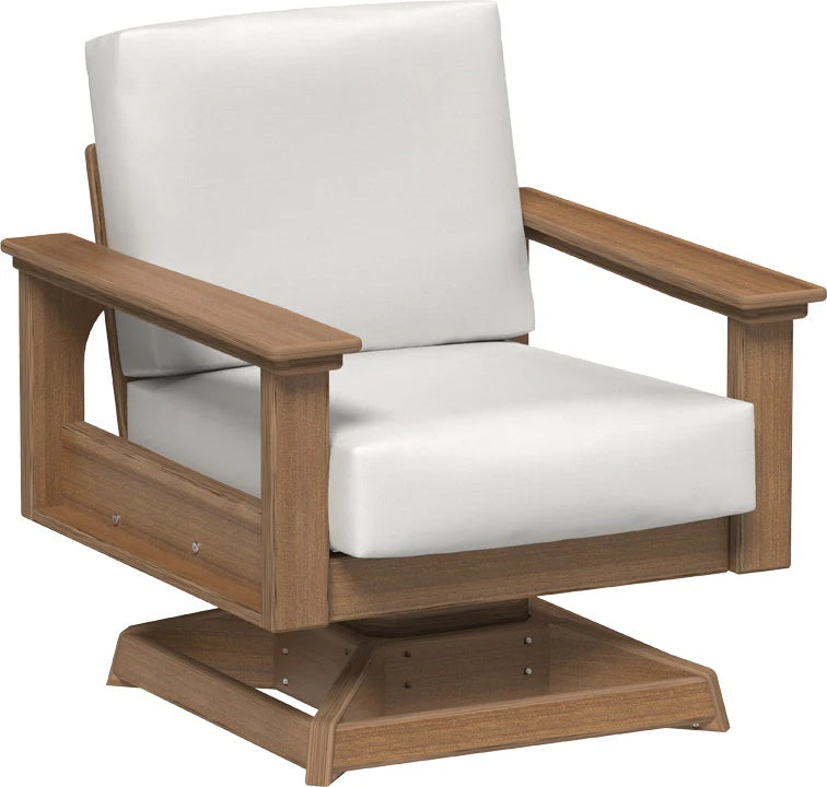 This image shows the deep seating swivel rocker chair on a white background. The frames are antique mahogany and the cushions are canvas.
