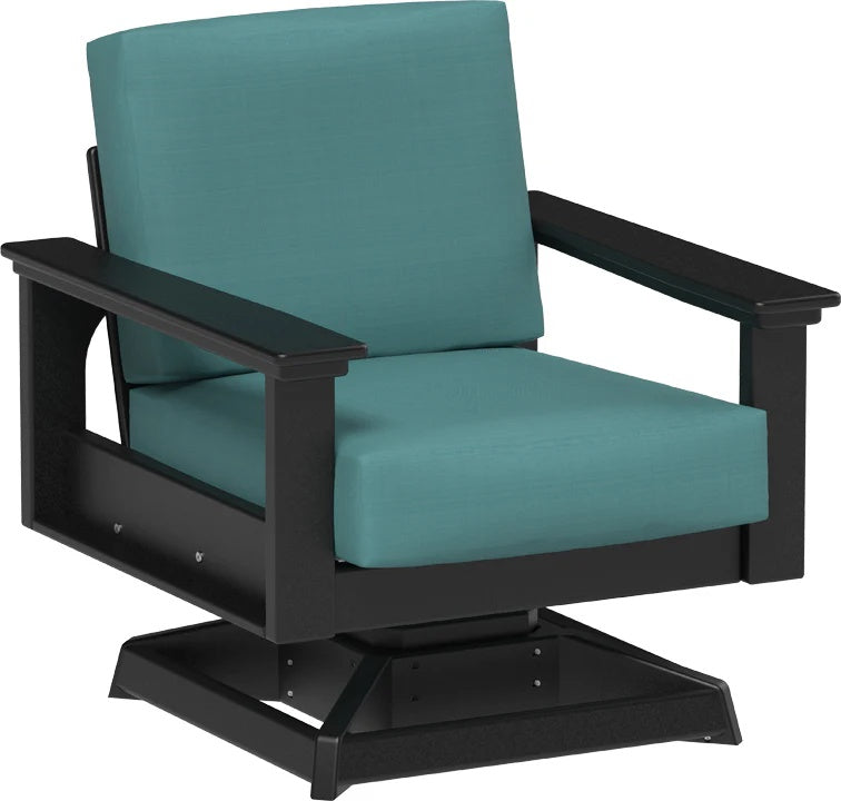 This image shows the deep seating swivel rocker chair on a white background. The frames are black and the cushions are cast breeze.