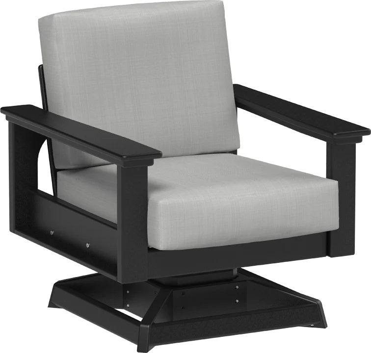 This image shows the deep seating swivel rocker chair on a white background. The frames are black and the cushions are spectrum dove.