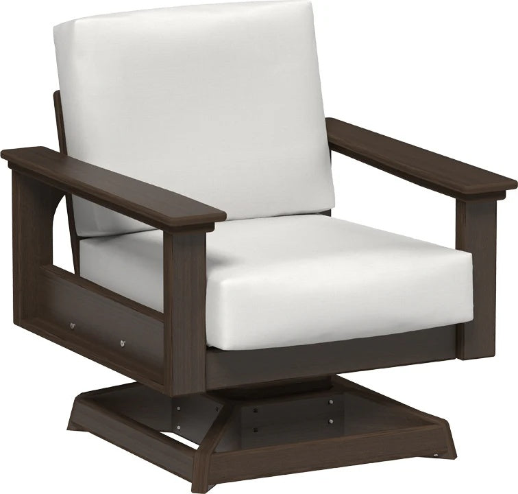 This image shows the deep seating swivel rocker chair on a white background. The frames are Brazilian walnut and the cushions are canvas.