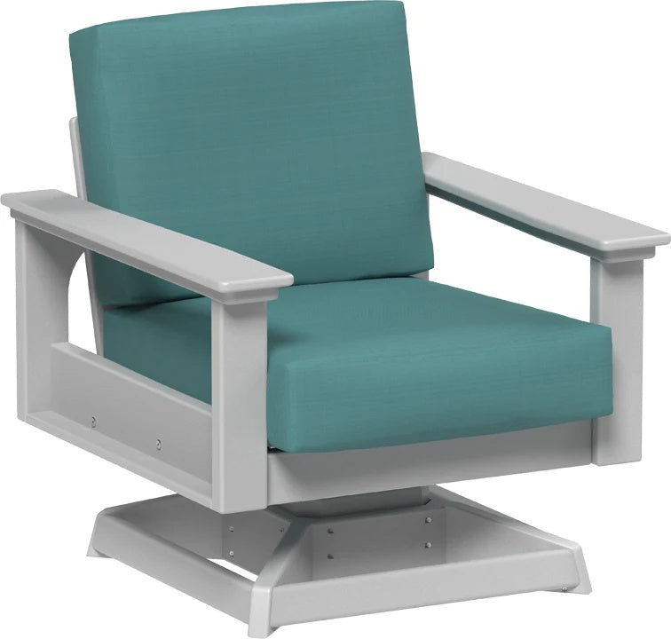 This image shows the deep seating swivel rocker chair on a white background. The frames are dove gray and the cushions are cast breeze.