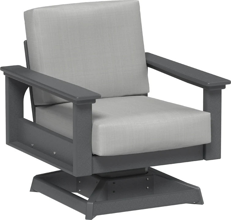 This image shows the deep seating swivel rocker chair on a white background. The frames are slate and the cushions are spectrum dove.