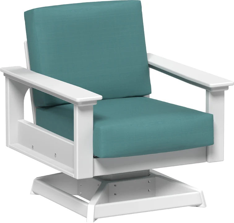 This image shows the deep seating swivel rocker chair on a white background. The frames are white and the cushions are cast breeze.