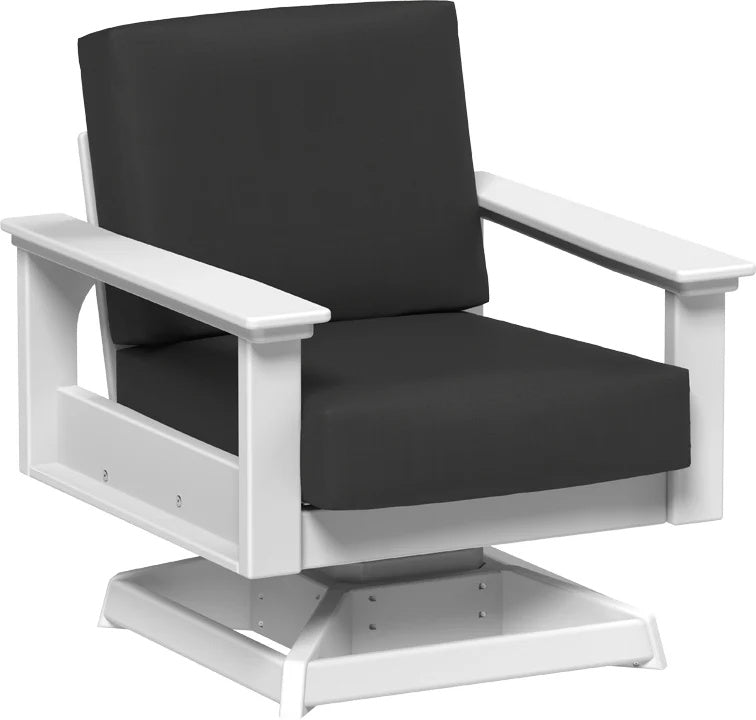 This image shows the deep seating swivel rocker chair on a white background. The frames are white and the cushions are spectrum carbon.