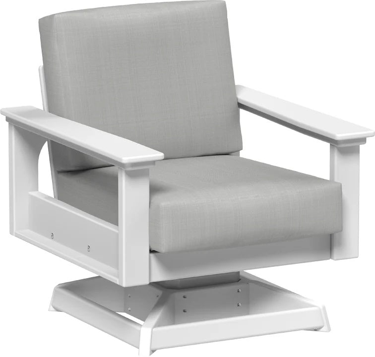 This image shows the deep seating swivel rocker chair on a white background. The frames are white and the cushions are spectrum dove.