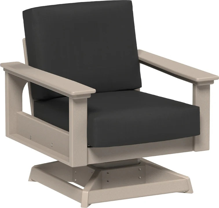 This image shows the deep seating swivel rocker chair on a white background. The frames are weatherwood and the cushions are spectrum carbon.