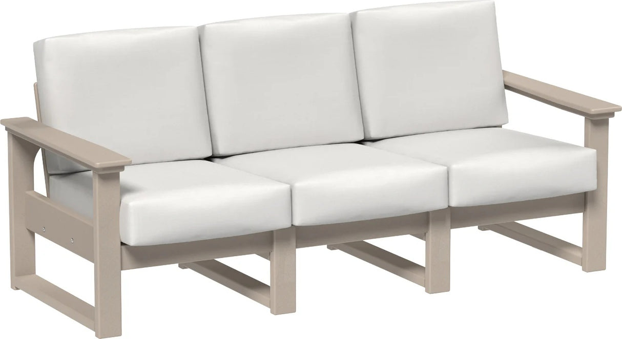 This image shows the deep seating sofa on a white background. The frames are weatherwood and the cushions are canvas.