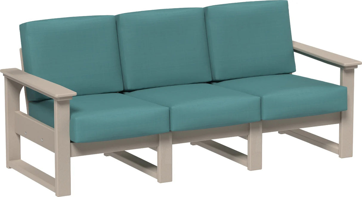 This image shows the deep seating sofa on a white background. The frames are weatherwood and the cushions are cast breeze.